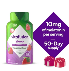 vitafusion Max Strength Melatonin Sleep Aid Gummy Supplements, Strawberry Flavor, 10 mg, 100 Count