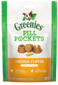 Greenies Pill Pockets For Dogs Capsule Size Natural Soft Dog Treats, Chicken Flavor, Semi-moist, 7.9 Oz. Pack (30 Treats)