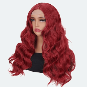 Elegant 24 Inch Red Wavy Synthetic Wig For Women, 4x1 Front Lace, High Temperature Fiber, Middle Part, Natural Look, Breathable, Comfortable, Ver (muscle supportOption: Red-24inch)