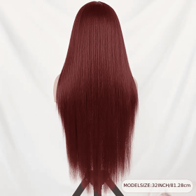 High Temperature Resistant Burgundy Long Straight Lace Non-toxic Wig, Pre-dial Hairline, Non-adhesive, Heat-resistant Synthetic Fiber, (muscle supportOption: WineRed-32inch)