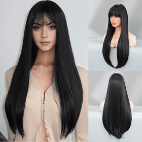 Stylish Synthetic Wig With Straight Hair, Non-toxic Wig, 26-inch Heat-resistant Long Black Hair, Bangs And Rose Net Hat, Suitable For The Whole S (muscle supportOption: 1B-26inch)