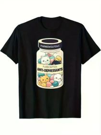 Men's "Happy Pills" Graphic T-Shirt - 100% Cotton, Ultra-Soft & Breathable Crew Neck Tee with Pharmaceutical Design - Ideal for Casual Wear (Color: Black, size: M)