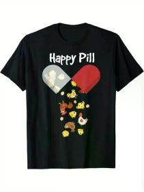 Men's cotton T-shirt printed with happy pills, casual short-sleeved crewneck T-shirt, soft and comfortable top (Color: Black, size: XL)