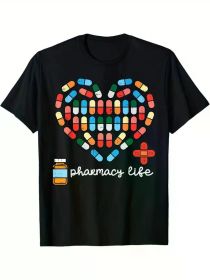 [Cotton Soft] Valentine's Day "Pharmacy Life" Pill Heart Graphic T-Shirt for Men and Women - Black Cotton, Short Sleeve, Round Neck (Color: Black, size: S)