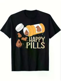 Don't Worry Be Cappy" Men'S T-Shirt - 100% Cotton, Casual Round Neck Tee with Whimsical Capybara & "HAPPY PILLS" Print, Short Sleeve (Color: Black, size: XL)