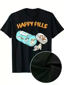 Men's Cotton T-Shirt With Happy Pills Printed, Casual Short Sleeve Round Neck Tee, Soft (Color: Black, size: XL)