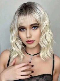 Synthetic Wavy Wig, Non-toxic Wig With Wave Head, With Bangs, Short Mixed Hair For Women, Heat Resistant, Suitable For The Whole Scene (muscle supportOption: OmbreBrown-14inch)